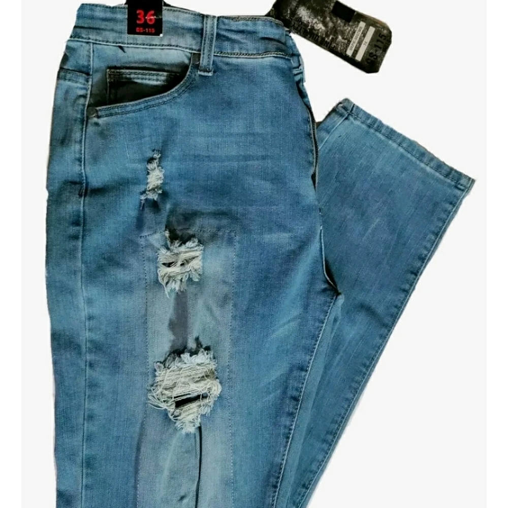 New GS-115 Premium Moto Jeans! Men 36x31 (42" Outseam). Light Wash, Distressed.